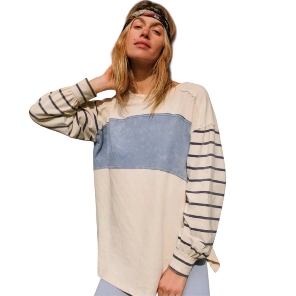 Free People Cream and Blue Striped Long Sleeve Tee